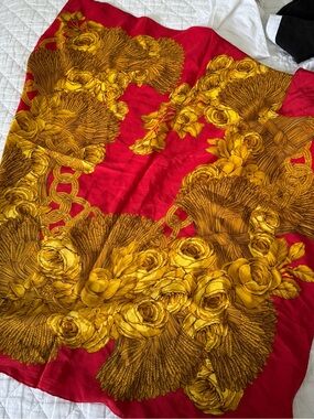 CHANEL Red and Gold Floral Silk Scarf